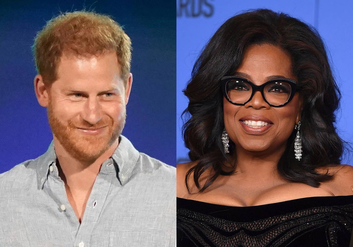Prince Harry, Duke of Sussex speaks at "Vax Live: The Concert to Reunite the World" in Inglewood, Calif. on May 2, 2021, left, and  Oprah Winfrey appears at the 75th annual Golden Globe Awards in Beverly Hills, Calif. on Jan. 7, 2018. Winfrey and Prince Harry are teaming up for a series that will delve into mental health issues and feature segments from athletes and stars like Lady Gaga and Glenn Close. The streaming service Apple TV+ plus announced Monday that the multi-part documentary series â€œThe Me You Canâ€™t Seeâ€ will debut on May 21. (AP Photo)