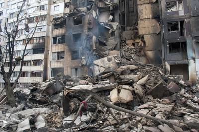 An apartment building damaged after shelling in Kharkiv, Ukraine. AP Photo