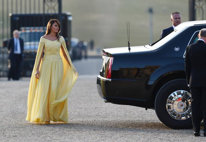 WOODSTOCK, ENGLAND - JULY 12:  First Lady Melania Trump arrives at Blenheim Palace on July 12, 2018 in Woodstock, England. Blenheim Palace is the birth place of the great wartime British Prime Minister, Winston Churchill, of whom the President is a big fan. The Prime Minister hosted dinner for the President and First Lady and business leaders as part of the First Couple's official visit to the UK. (Photo by Geoff Pugh - WPA Pool/Getty Images)