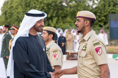 AL AIN, ABU DHABI, UNITED ARAB EMIRATES? - 34, 08, 2018: HH Sheikh Mohamed bin Zayed Al Nahyan, Crown Prince of Abu Dhabi and Deputy Supreme Commander of the UAE Armed Forces (L), greets members of the UAE Armed Forces who have participated in operation 'Restoring Hope' in Yemen, during a barza at Al Maqam Palace.

( Rashed Al Mansoori / Crown Prince Court - Abu Dhabi )
---