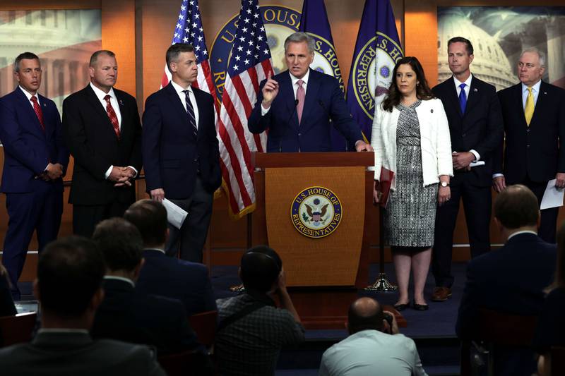 House Minority Leader Kevin McCarthy holds a press conference with members of Republican House leadership on the January 6 committee. AFP
