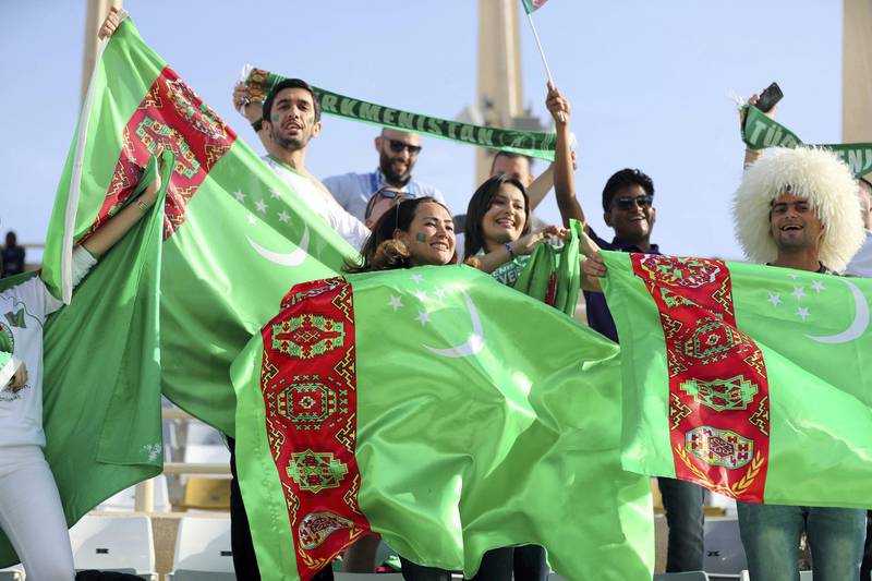 Abu Dhabi, United Arab Emirates - January 09, 2019: Turkmenistan fans during the game between Japan and Turkmenistan in the Asian Cup 2019. Wednesday, January 9th, 2019 at Al Nahyan Stadium, Abu Dhabi. Chris Whiteoak/The National