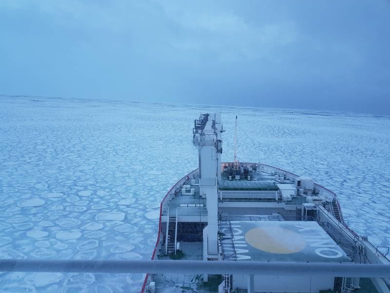 Travelling through sea ice in the Atlantic southern ocean aboard the 'S.A. Agulhas II', a South African ice-breaking polar supply and research ship, in the winter of 2017.