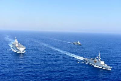 The Tonnerre is escorted by Greek and French military vessels. Greek National Defence/AP)