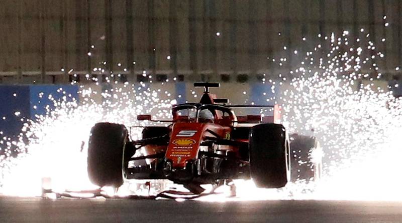 Ferrari's Sebastian Vettel with a damaged car during the Formula One F1 Bahrain Grand Prix at Bahrain International Circuit, Sakhir, Bahrain March 31, 2019. REUTERS/Thaier Al-Sudani SEARCH "POY SPORTS" FOR THIS STORY. SEARCH "REUTERS POY" FOR ALL BEST OF 2019 PACKAGES. TPX IMAGES OF THE DAY