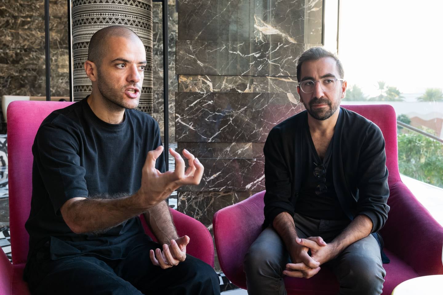 Lebanese architects Nicolas Fayyed and Charles Kettaneh talking to 'The National' about their award winning project. Photo: Christopher Wilton-Steer