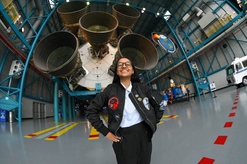 Alia Al Mansoori at the Apollo/Saturn V Center during her visit to the Kennedy Space Center on Aug. 11, 2017 in {town}, Florida. Al Mansoori's Genes in Space experiment is scheduled to be on a SpaceX Falcon 9 rocket traveling to the International Space Station from Kennedy Space Center.(Scott A. Miller for The National)