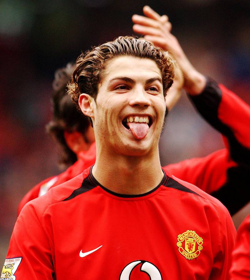 MANCHESTER, ENGLAND - MARCH 20: Cristiano Ronaldo of Manchester United shows his delight after the FA Barclaycard Premiership match between Manchester United and Tottenham Hotspur at Old Trafford on March 20, 2004 in Manchester, England. (Photo by John Peters/Manchester United via Getty Images)