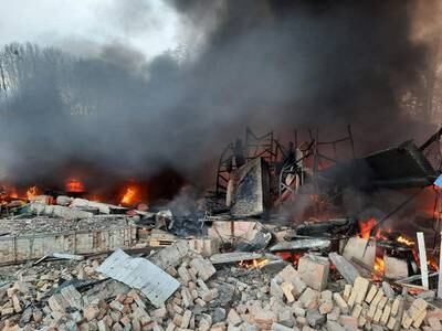 A Ukrainian State Border Guard Service base is ablaze after heavy shelling near Kiev. Reuters