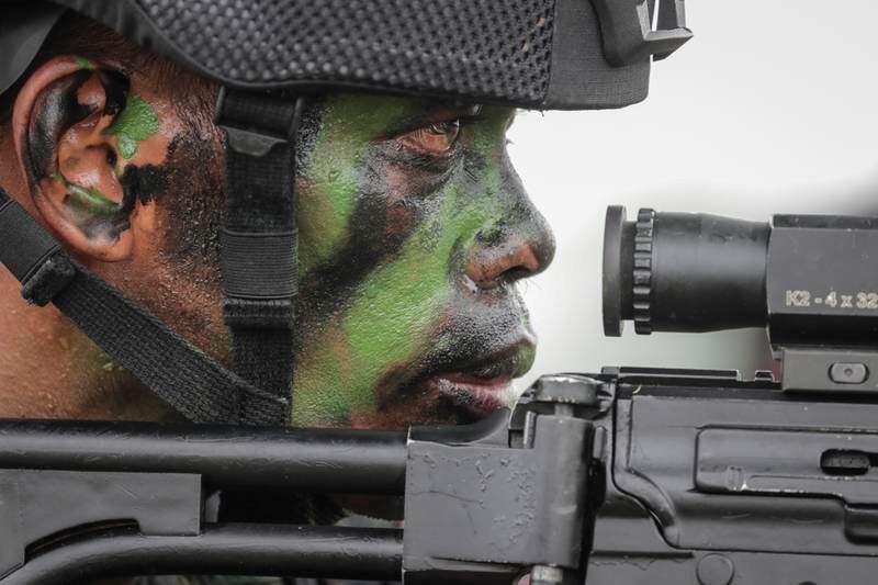 An Indonesian soldier participates in a joint military drill in Baturaja, Indonesia. Indonesia, US, Australia, Japan and Singapore staged a joint military drill to tighten relationships between the countries amid rising tensions in the region. EPA 