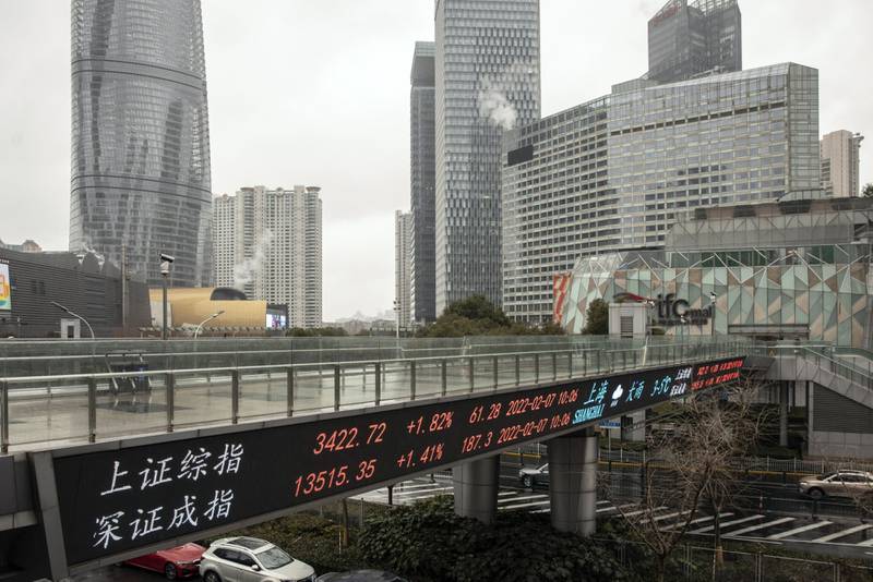 An electronic ticker displays stock figures in Pudong's Lujiazui Financial District in Shanghai. Chinese stocks had almost always traded at a hefty premium to Europe and the US, but the rout of the past few months wiped out most of it. Bloomberg