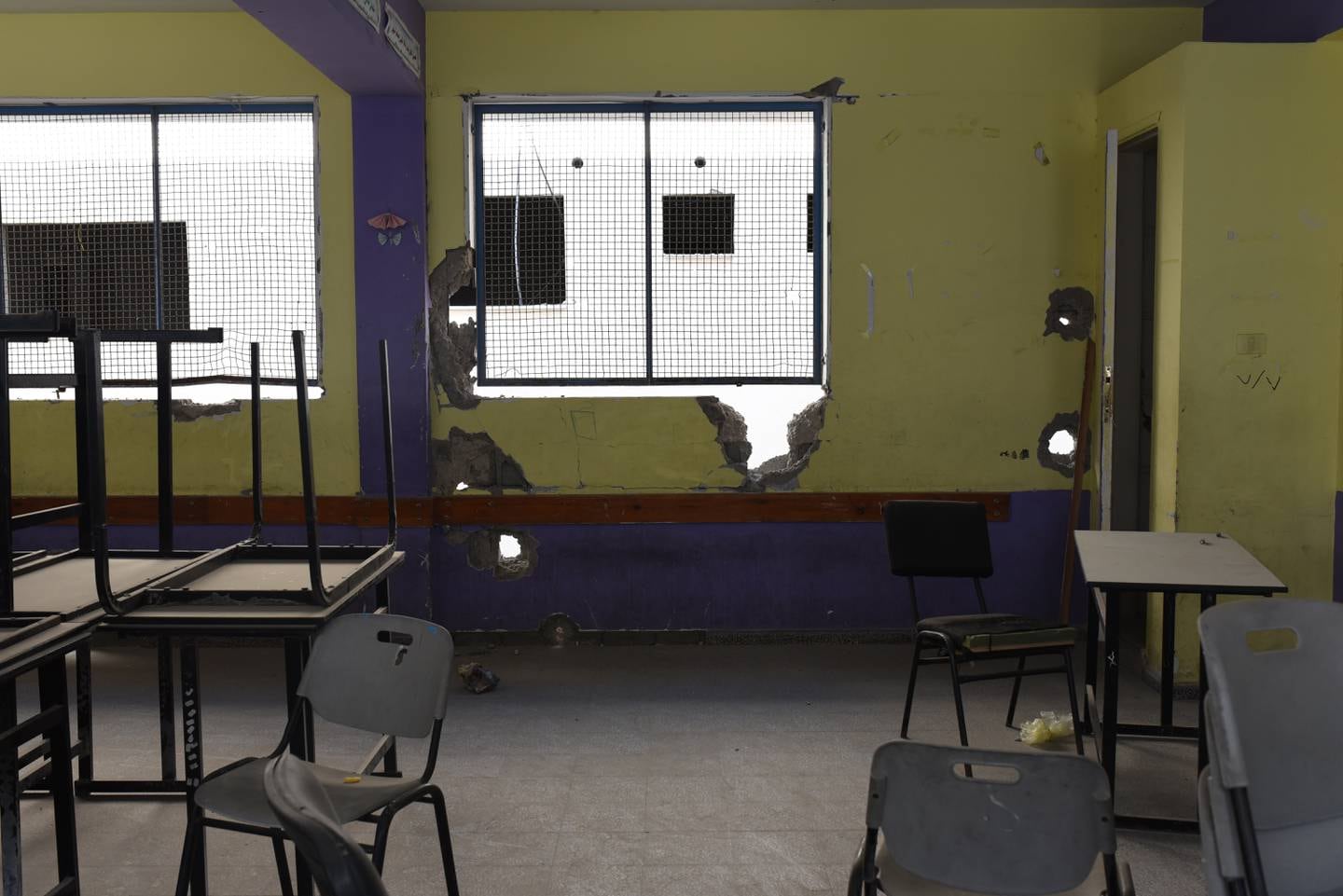 A damaged classroom at Al Zaitoun Preparatory Girls' School in Gaza City. Rosie Scammell / The National
