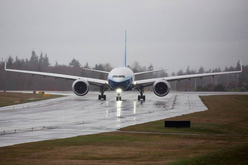 A Boeing 777X airplane taxis for the first flight, which had to be rescheduled due to weather, at Paine Field in Everett, Washington on January 24, 2020. AFP