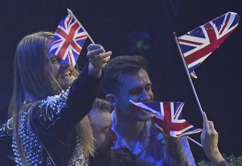 Britain's Sam Ryder, left, reacts as he finishes second in the annual song contest. AP Photo