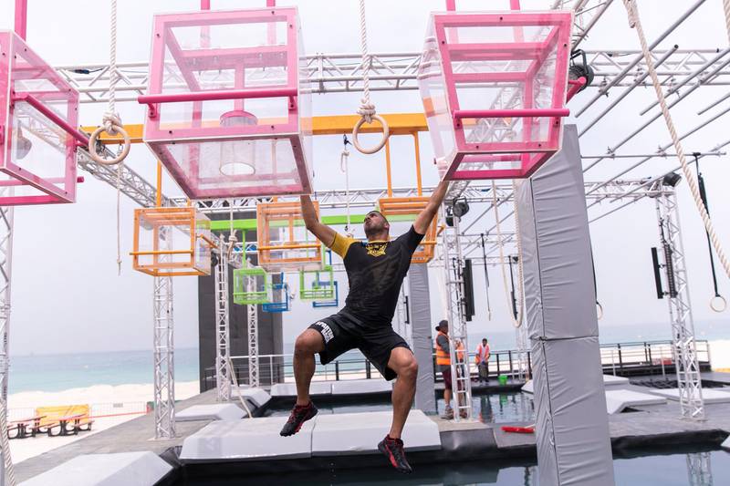 DUBAI, UNITED ARAB EMIRATES - April 1 2019.Wipeout obstacle at the Gov Games site on Kite Beach. (Photo by Reem Mohammed/The National)Reporter: Section:  NA