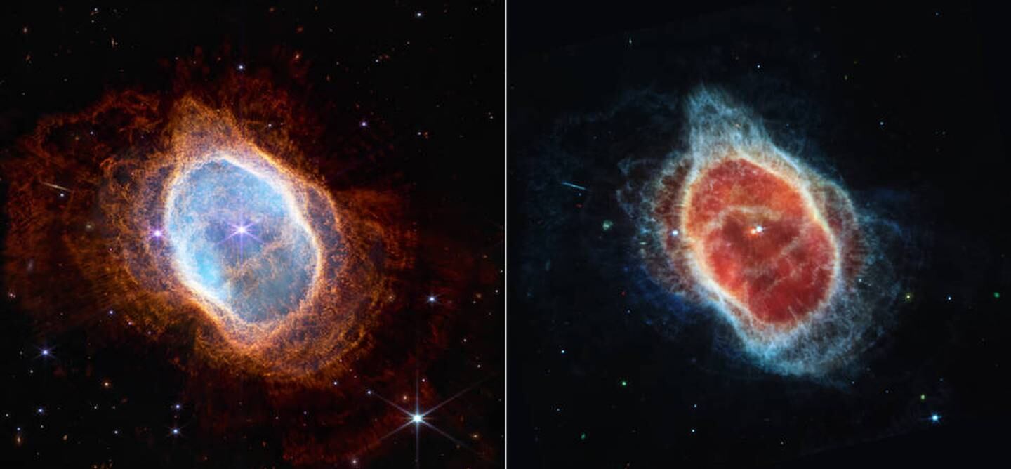 This side-by-side comparison shows observations of the Southern Ring Nebula in near-infrared light (L) and mid-infrared light by Nasa’s Webb Telescope. Nasa / ESA / CSA / STScI