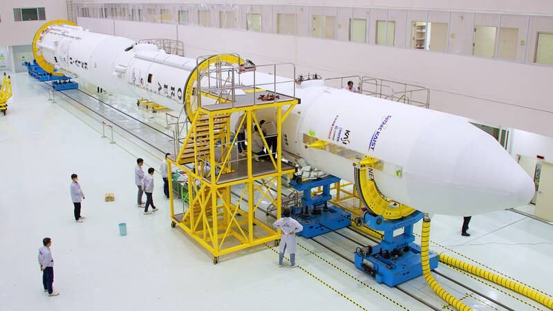 Nuri, South Korea’s first domestically produced space rocket, being assembled at Naro Space Centre in Goheung. EPA

