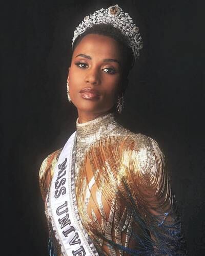 Miss Universe 2019 Zozibini Tunzi with the Power of Unity crown. Photo: Mouawad 