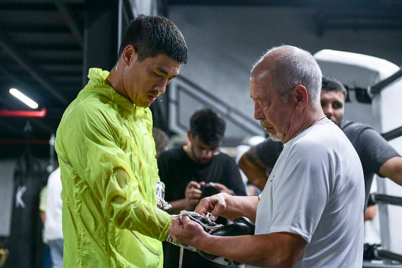 Yuriy Bivol with his son Dmitry during training at Kane's Boxing Academy in Abu Dhabi. All photos Khushnum Bhandari / The National