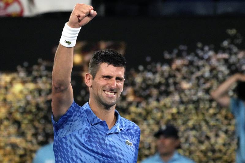 Novak Djokovic celebrates after defeating Tommy Paul in their semi-final at the Australian Open. AP
