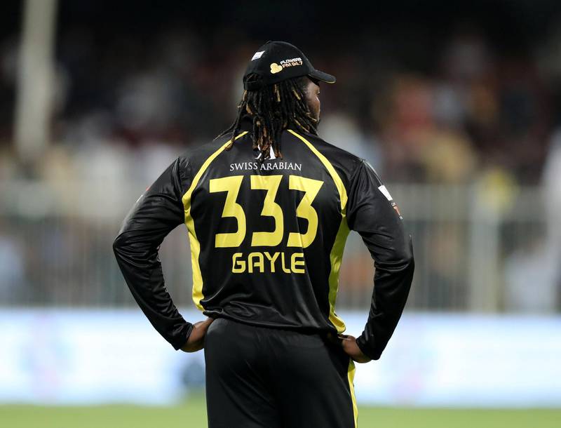 Sharjah, United Arab Emirates - November 21, 2018: Kings' Chris Gayle during the game between Pakktoons and Kerala Kings in the T10 league. Wednesday the 21st of November 2018 at Sharjah cricket stadium, Sharjah. Chris Whiteoak / The National