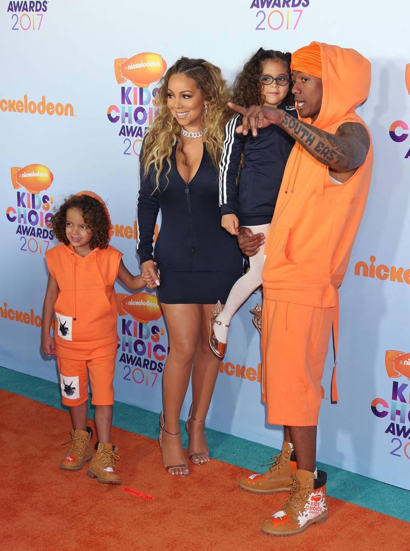 epa05843721 US rapper Nick Cannon (R) and US singer Mariah Carey (2-L) arrive with their children Moroccan Scott Cannon and Monroe Cannon for the 2017 Nickelodeon Kids Choice Awards at USC Galen Center in Los Angeles, California, USA, 11 March 2017.  EPA/JIMMY MORRISON