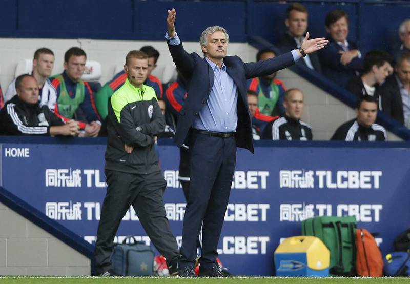 Chelsea manager Jose Mourinho reacts during their 3-2 win against West Bromwich Albion at The Hawthorns on Sunday in the Premier League. Carl Recine / Action Images / Reuters