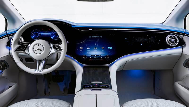 The EQE will be equipped with an MBUX Hyperscreen – an expansive glass display screen that sweeps across the dashboard