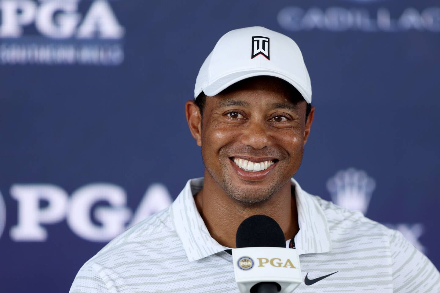 Tiger Woods speaks during a press conference ahead of the 2022 PGA Championship. AFP