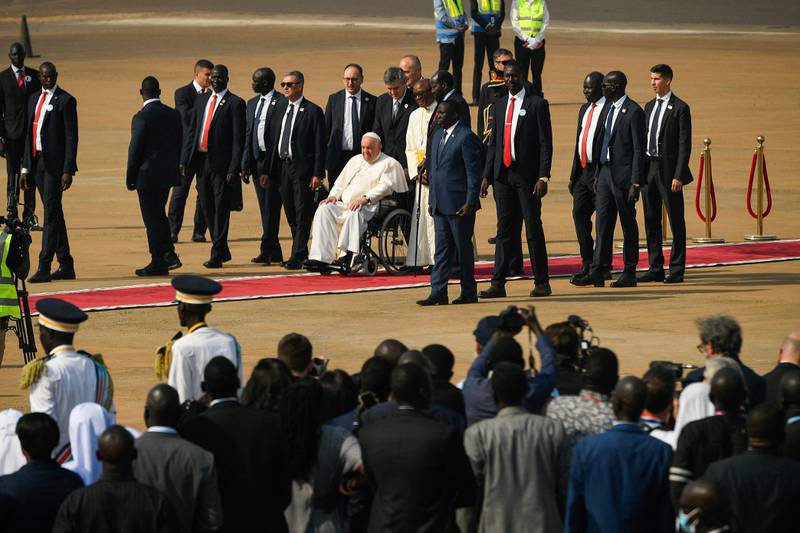 Pope Francis arrives at Juba International Airport. AFP