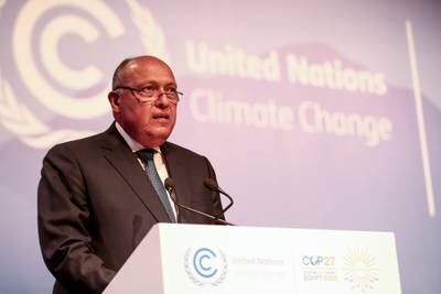 Cop27 President Sameh Shoukry speaks at the climate change conference in Sharm El Sheikh on Sunday. EPA