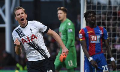 Tottenham’s Harry Kane celebrates his goal on Saturday against Crystal Palace. Will Oliver / EPA