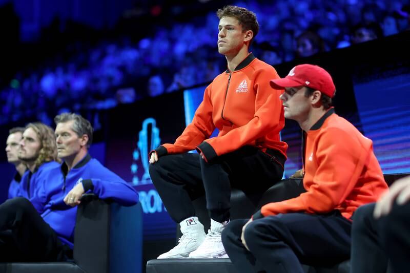 Diego Schwartzman watches from the team bench during the singles match between Cameron Norrie and Taylor Fritz. Getty