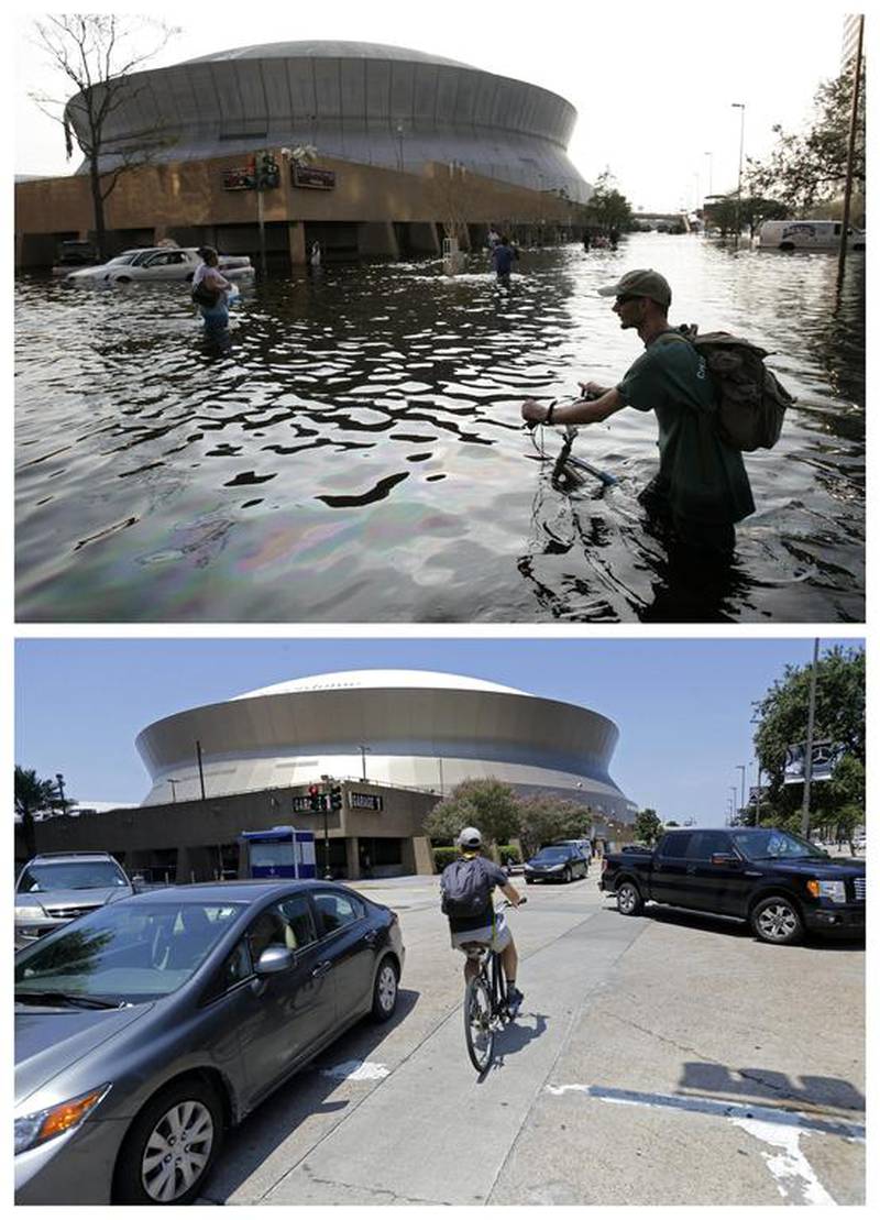 A man pushing his bicycle through flood waters near the Superdome in New Orleans after Hurricane Katrina left much of the city under water, and a cyclist outside the renamed Mercedes-Benz Superdome a decade later.