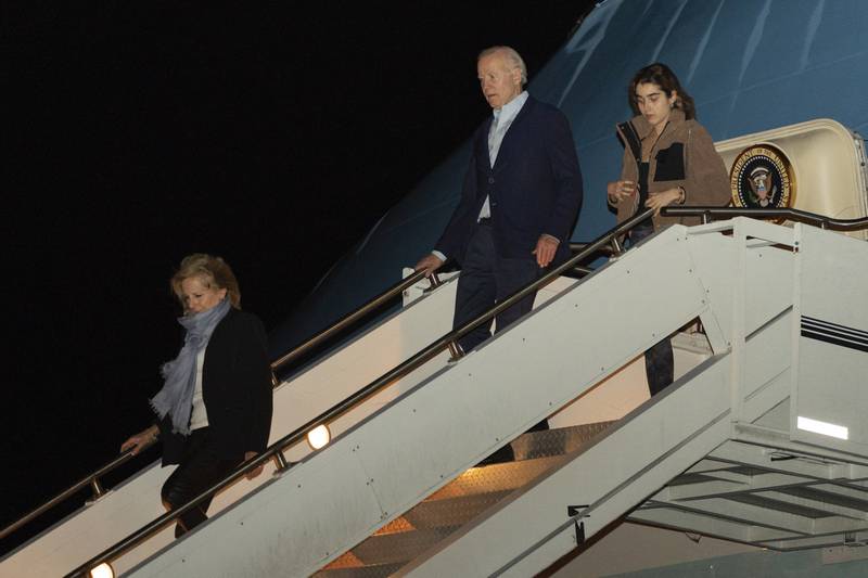 The Bidens step off Air Force One upon arrival in St Croix, US Virgin Islands. AP