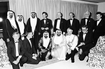 Sheikh Mohamed with Sheikh Khalifa and Britain's Prince Charles, at a banquet hosted by the British ambassador to the UAE on March 15, 1989. Also present are Sheikh Nahyan bin Mubarak, Sheikh Surour bin Mohamed and Ahmad Khalifa Al Suwaidi. Photo: National Archives