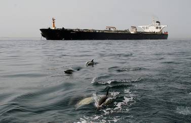 Dolphins swim in front of the Iranian oil tanker Grace 1 as it sits anchored off Gibraltar after being seized earlier this month by British Royal Marines. Reuters