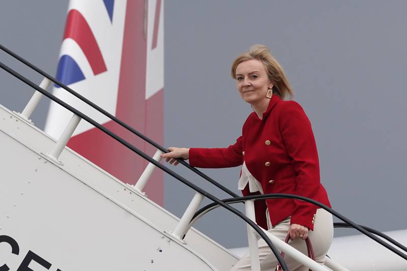 Foreign Secretary Liz Truss boarding RAF Voyager at Stansted Airport ahead of a visit to Washington. PA