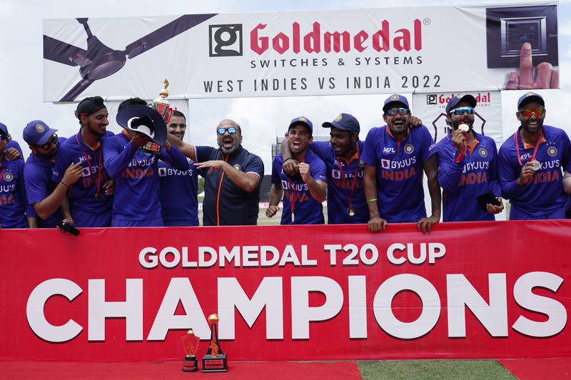 India celebrate after completing a 4-1 T20 series win over the West Indies. AP