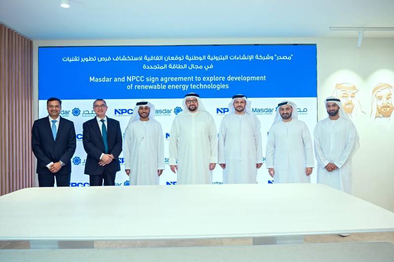 Masdar and NPCC executives after the signing of the pact. The companies aim to advance the UAE’s energy transition campaign. Photo: Masdar