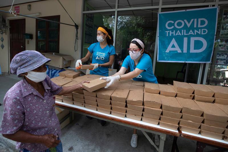 Founder of COVID Thailand Aid, Natalie Bin Narkprasert, left, and Alex Vazquez from Mexican give food to a woman at the railway-side community in Bangkok, Thailand. AP Photo