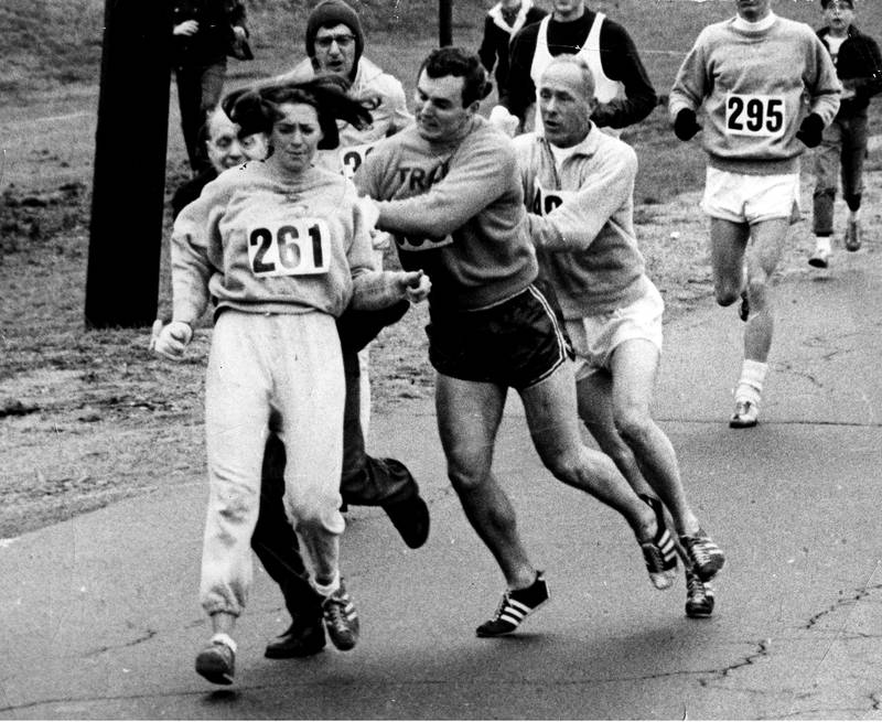 Kathy Switzer was roughed up for running the Boston Mararthon in 1967, a time when women were banned from participating in races. Photo: Paul J Connell /The Boston Globe via Getty Images