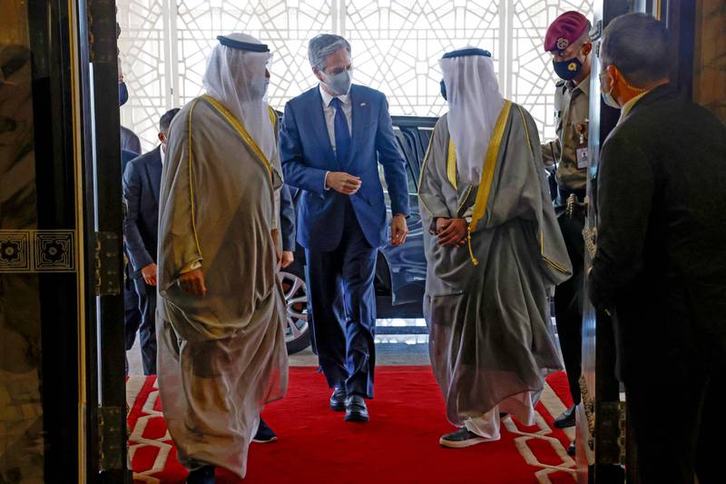 US Secretary of State Antony Blinken is welcomed upon his arrival at Al Seif palace in Kuwait City.