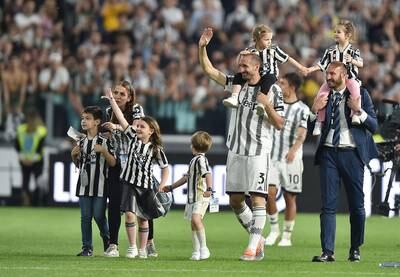 Giorgio Chiellini waves to Juventus fans after playing his last home match for the club he joined in 2004. EPA 