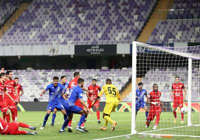 Al Nasr's Mehdi Abeid scores in the game between Shabab Al Ahli and Al Nasr in the PresidentÕs Cup final in Al Ain on May 16th, 2021. Chris Whiteoak / The National. 
Reporter: John McAuley for Sport