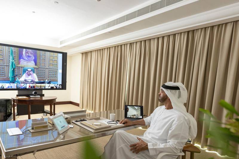 ABU DHABI, UNITED ARAB EMIRATES - March 26, 2020: HH Sheikh Mohamed bin Zayed Al Nahyan, Crown Prince of Abu Dhabi and Deputy Supreme Commander of the UAE Armed Forces, participates in the virtual G20 Leaders Summit. 

( Mohamed Al Hammadi / Ministry of Presidential Affairs )
---