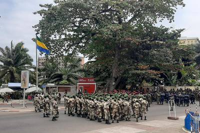 Gabonese soldiers gather ahead of an expected address by Gen Brice Oligui Nguema, in Gabon's capital Libreville, at the weekend AFP