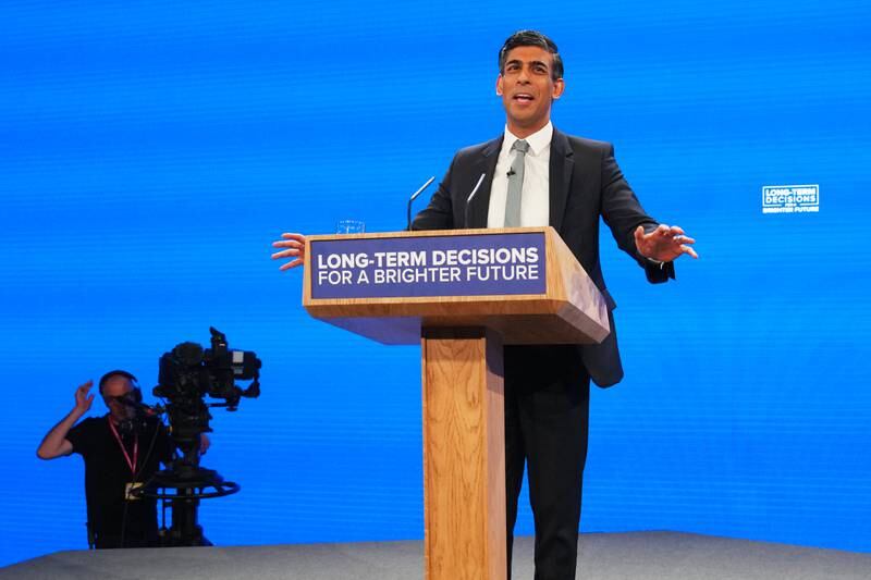 UK Prime Minister Rishi Sunak makes a keynote speech at the Conservative Party conference in Manchester. Getty Images 