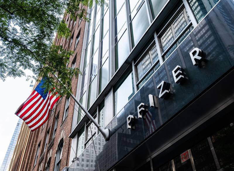 Pfizer's headquarters in New York. Shares in the drug maker rose sharply in pre-market trading as news of its breakthrough was released. AFP / Getty