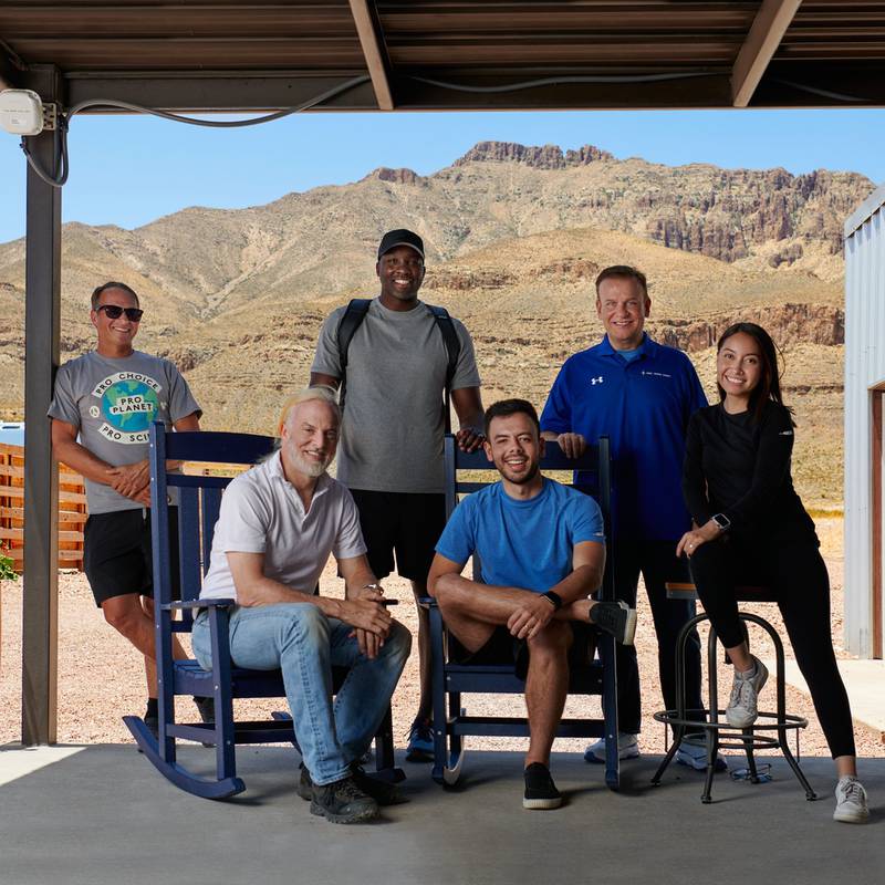 Hamish Harding (second to right) with his fellow passengers  prepare for their upcoming NS-21 Blue Origin space tourism flight. Katya Echazarreta (right), Victor Correa Hespanha (third to right), Jaison Robinson (third to left), Victor Vescovo (second to left) and Evan Dick (left). Photo: Blue Origin